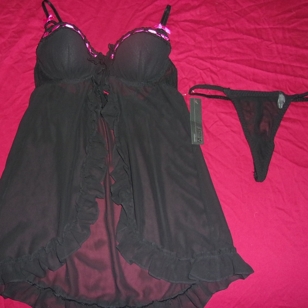 Lingerie Set 2PC Medium BNWT See-Thur Black/Pink Satin Trim Apt 9 Thong Bottoms